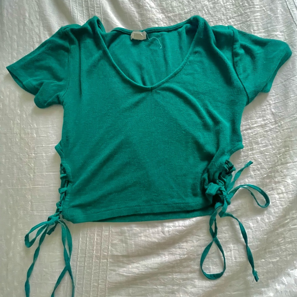 Garage Teal Lace-Up Crop Top